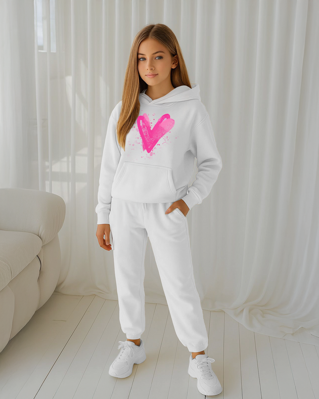 Hot Pink Scattered Hearts Printed Hooded Tracksuit Kids