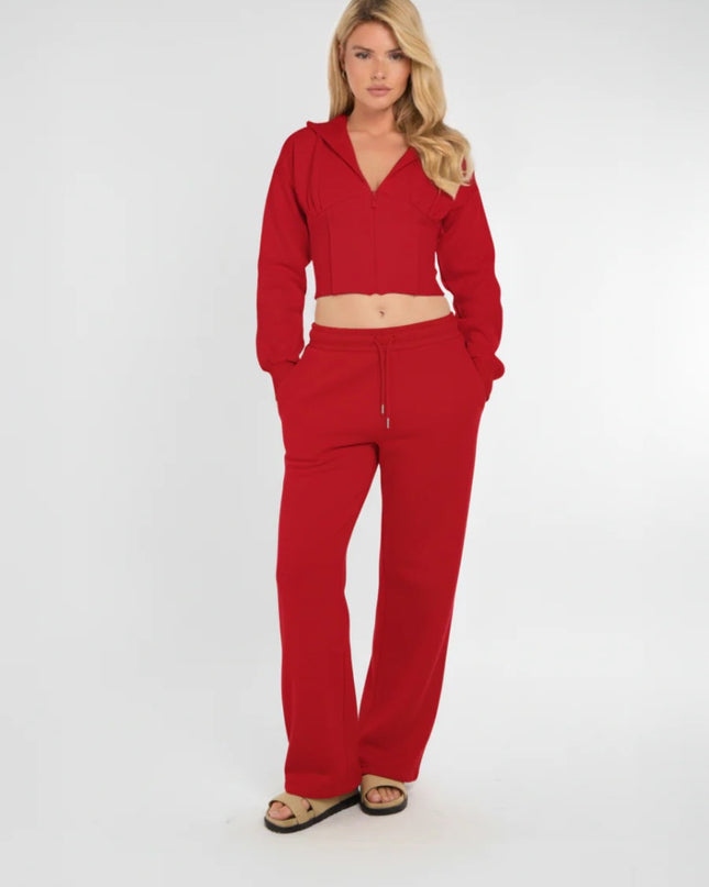 Cropped Zip Up Hood Sweatshirt & Wide Leg Trouser Tracksuit Red
