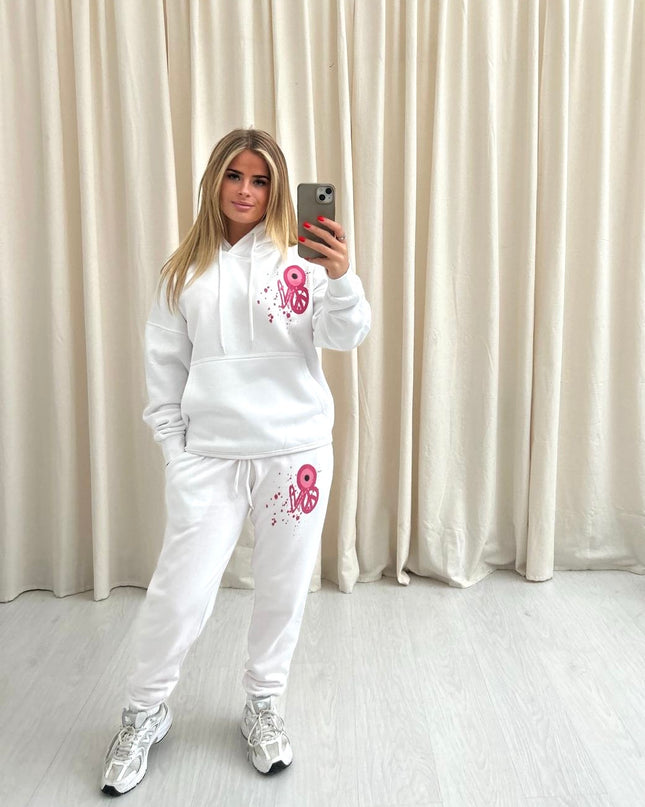 Pink Evil Eye, Peace, Heart Graffiti Hooded Tracksuit White