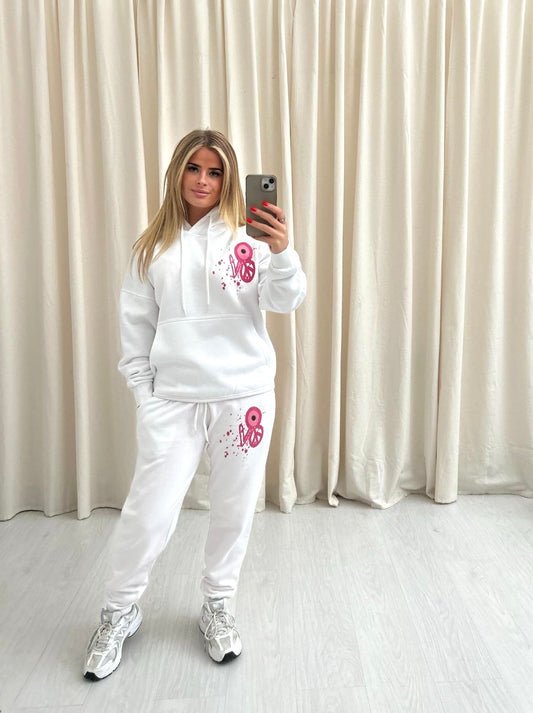 Pink Evil Eye, Peace, Heart Graffiti Hooded Tracksuit White