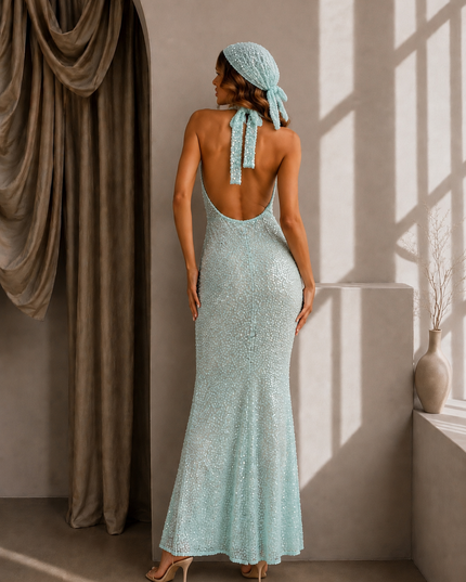 Arabella Sequin Dress and matching headscarf Aqua Pre order 28th July