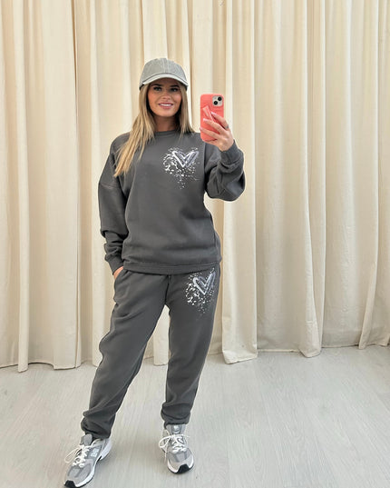 Grey Heart Graffiti Sweatshirt Tracksuit Charcoal Grey