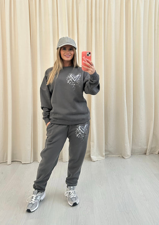 Grey Heart Graffiti Sweatshirt Tracksuit Charcoal Grey