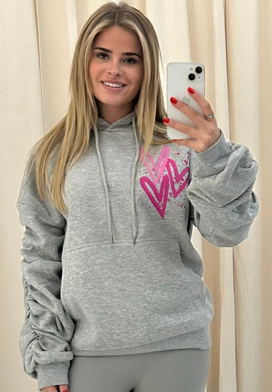 Miss Runway Pink Heart Graffiti Ruched Hoodie Grey