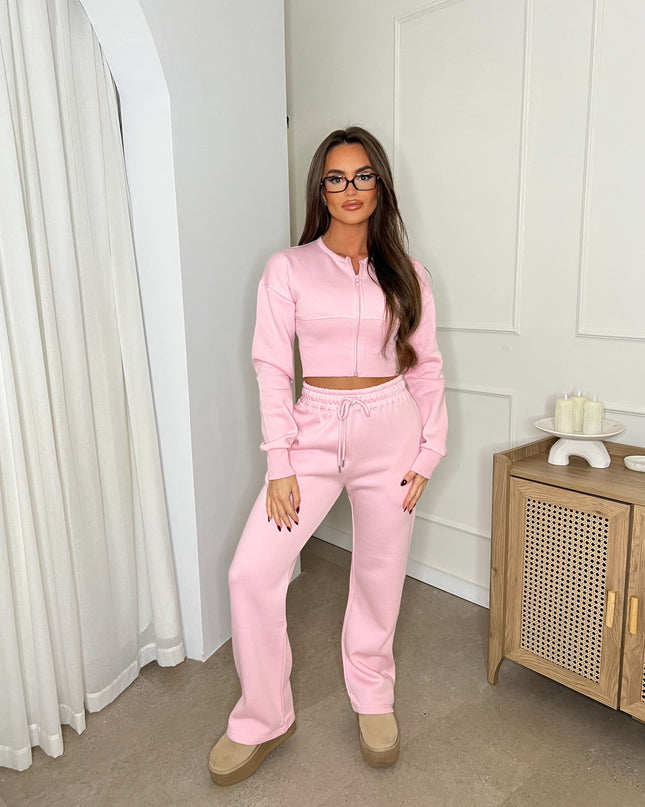 Cropped Zip Up Sweatshirt & Wide Leg Trouser Tracksuit Pink