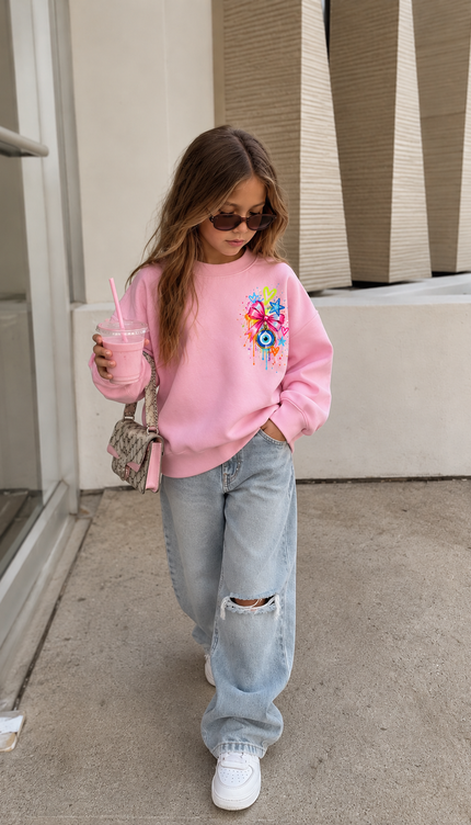 Front of the Disco Daisy kids' sweatshirt in pink with a bright cluster of a bow, a daisy and an evil eye on the chest – Miss Runway