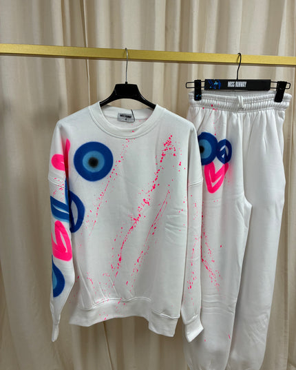 Neon Pink Heart, Peace, Evil Eye Spray Painted Sweatshirt Tracksuit Kids