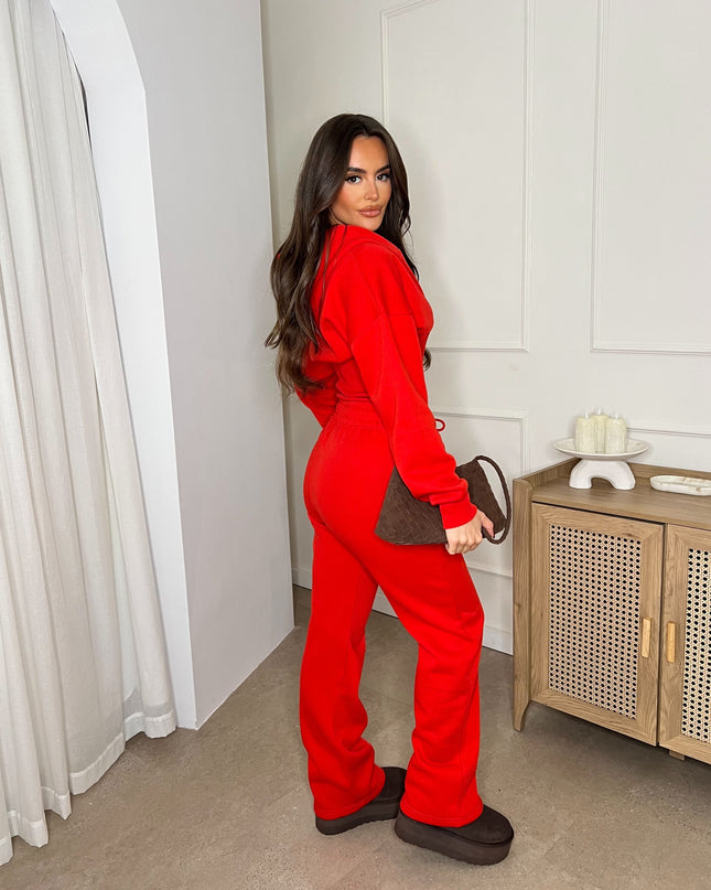 Cropped Zip Up Hood Sweatshirt & Wide Leg Trouser Tracksuit Red