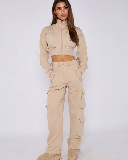 Cropped Zip Up Sweatshirt & Cargo Trouser Tracksuit Beige
