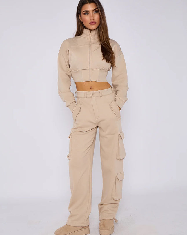 Cropped Zip Up Sweatshirt & Cargo Trouser Tracksuit Beige