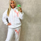 Coral/Pink Heart Sprayed White Hooded Tracksuit