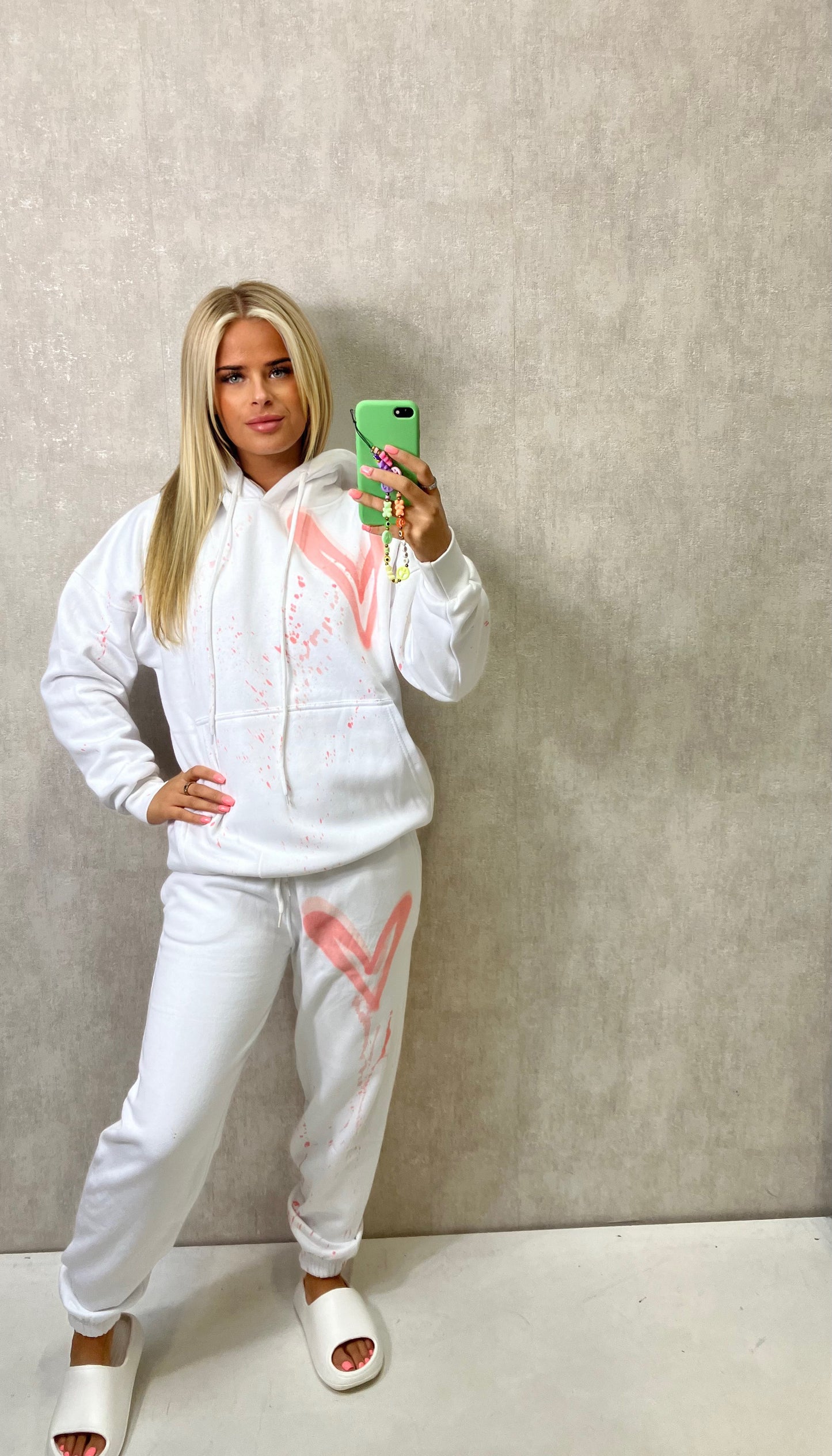 Coral/Pink Heart Sprayed White Hooded Tracksuit