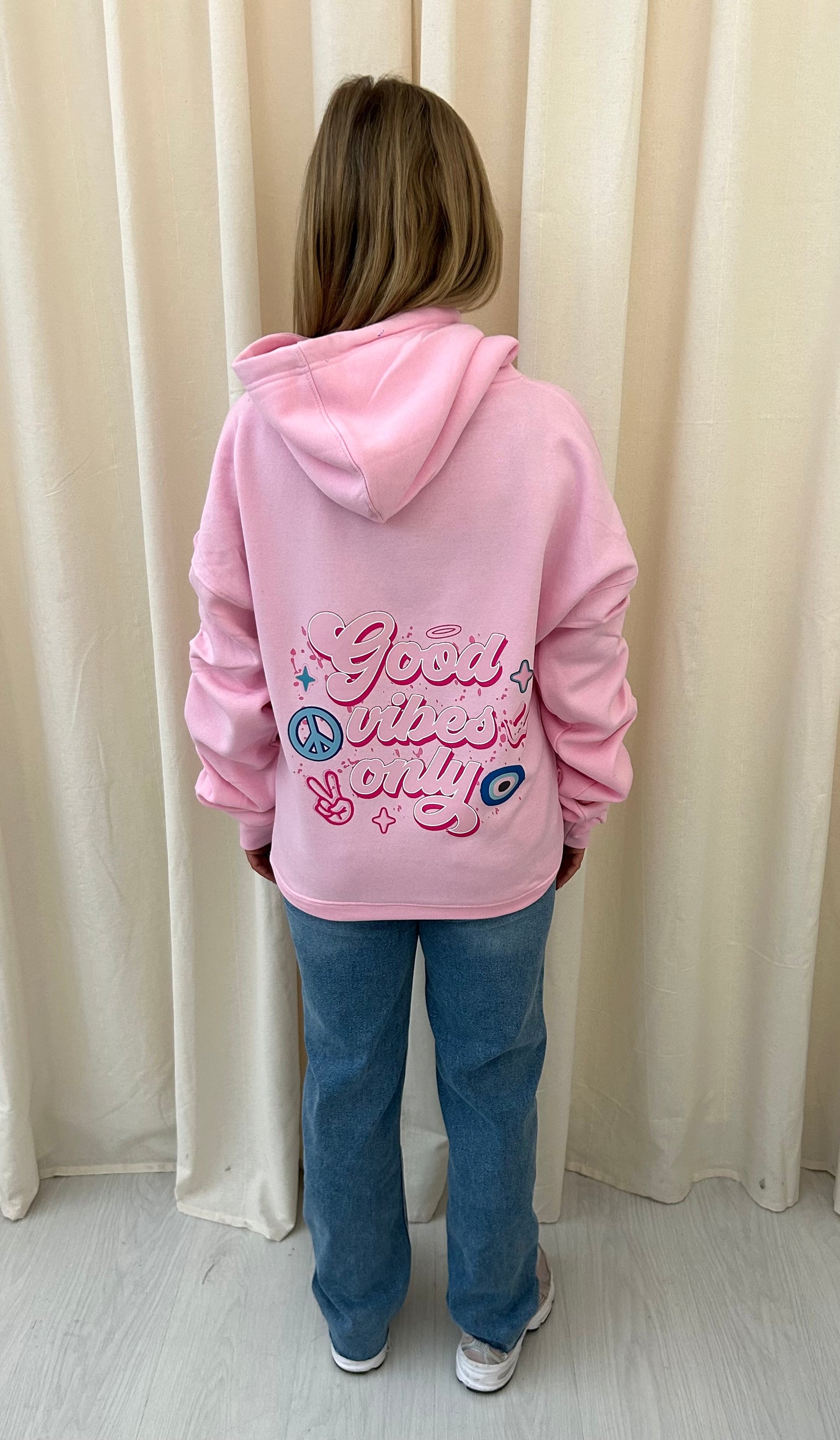 Good Vibes Only Graffiti Ruched Hoodie Pink