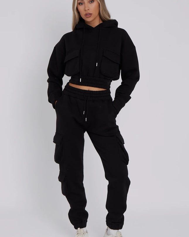 Cargo Pockets Fleece Tracksuit Black