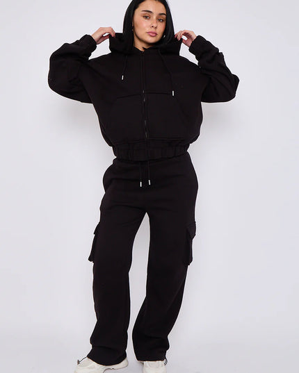 Cargo Style Zip Hooded Tracksuit Black