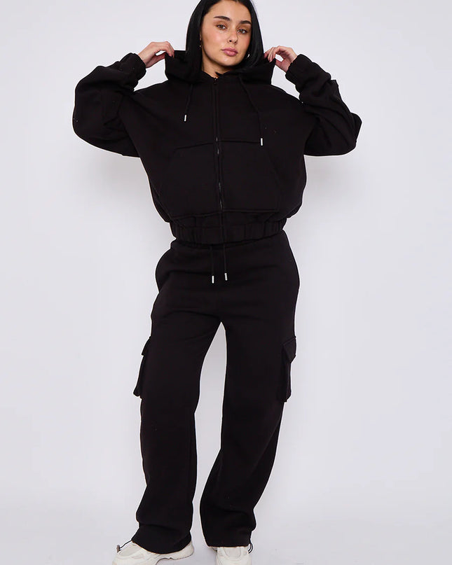 Cargo Style Zip Hooded Tracksuit Black