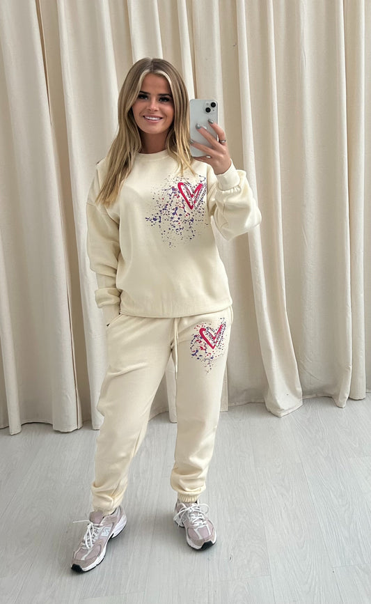 Multicoloured Leopard Print Heart Graffiti Sweatshirt Tracksuit Cream