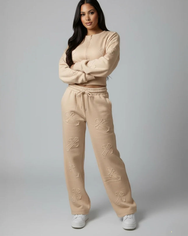 Crucifix Embroidered Crop Top Fleece Co-ord Chocolate Beige