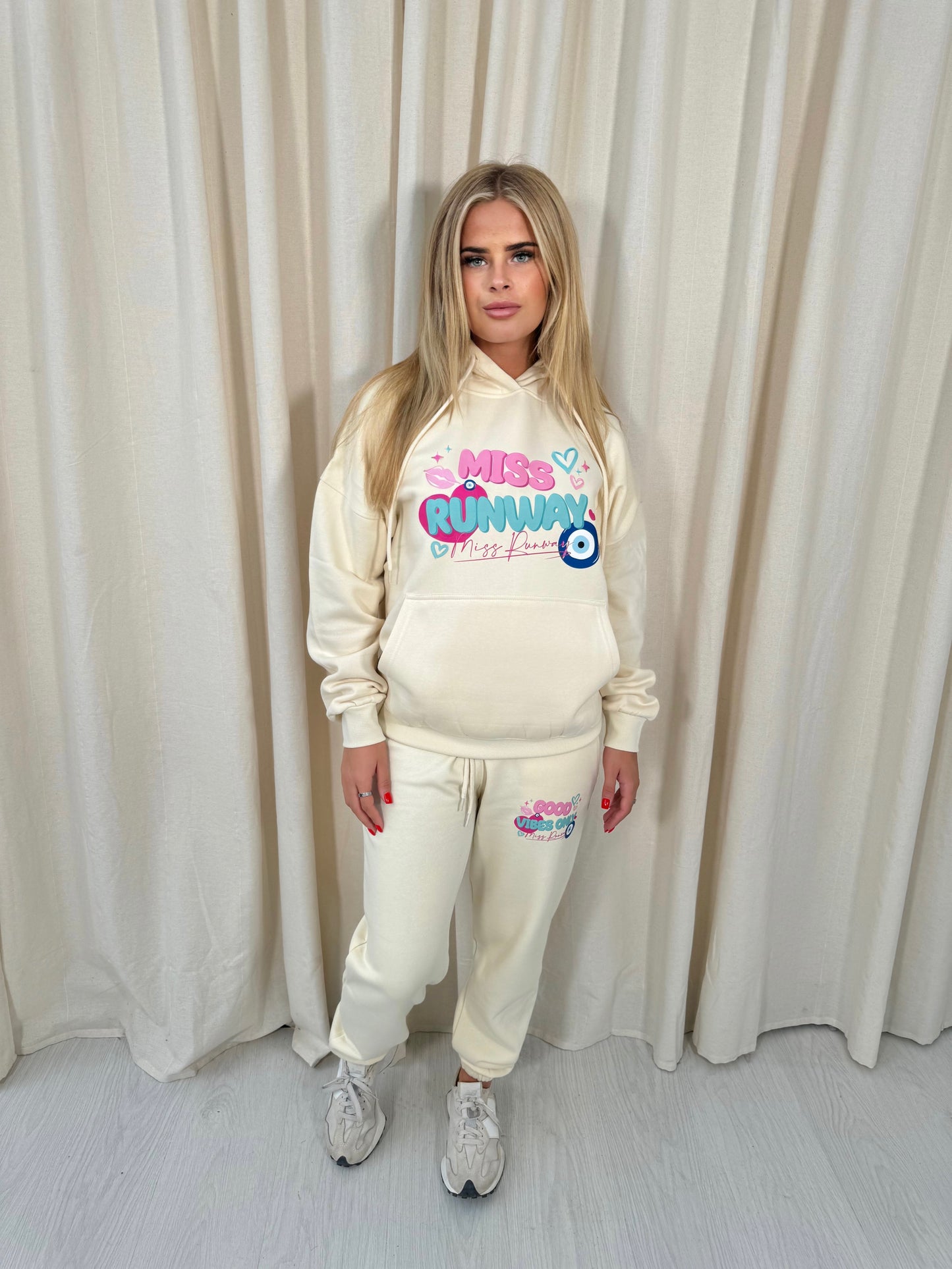 Miss Runway Good Vibes Only Oversized Hooded Tracksuit Cream