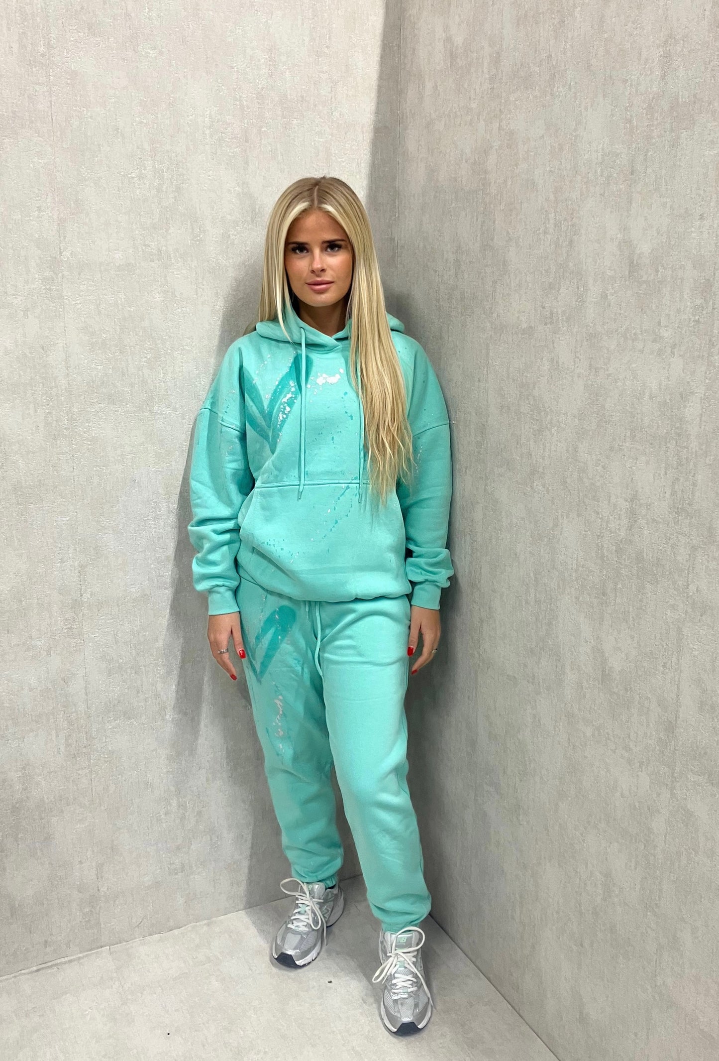 Mint Green Heart Sprayed Hooded Tracksuit