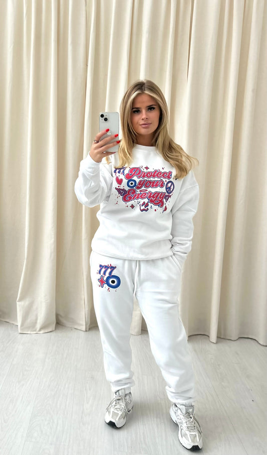 Angel Numbers Protect Your Energy Graffiti Sweatshirt Tracksuit White-Red/Blue