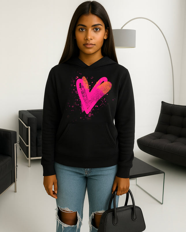 Neon Pink And Orange Scatter Hearts Printed Hoodie