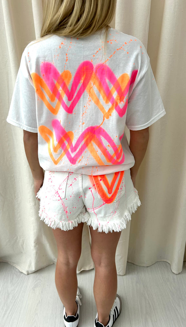 Neon Heart Spray Painted Denim Shorts And T Shirt