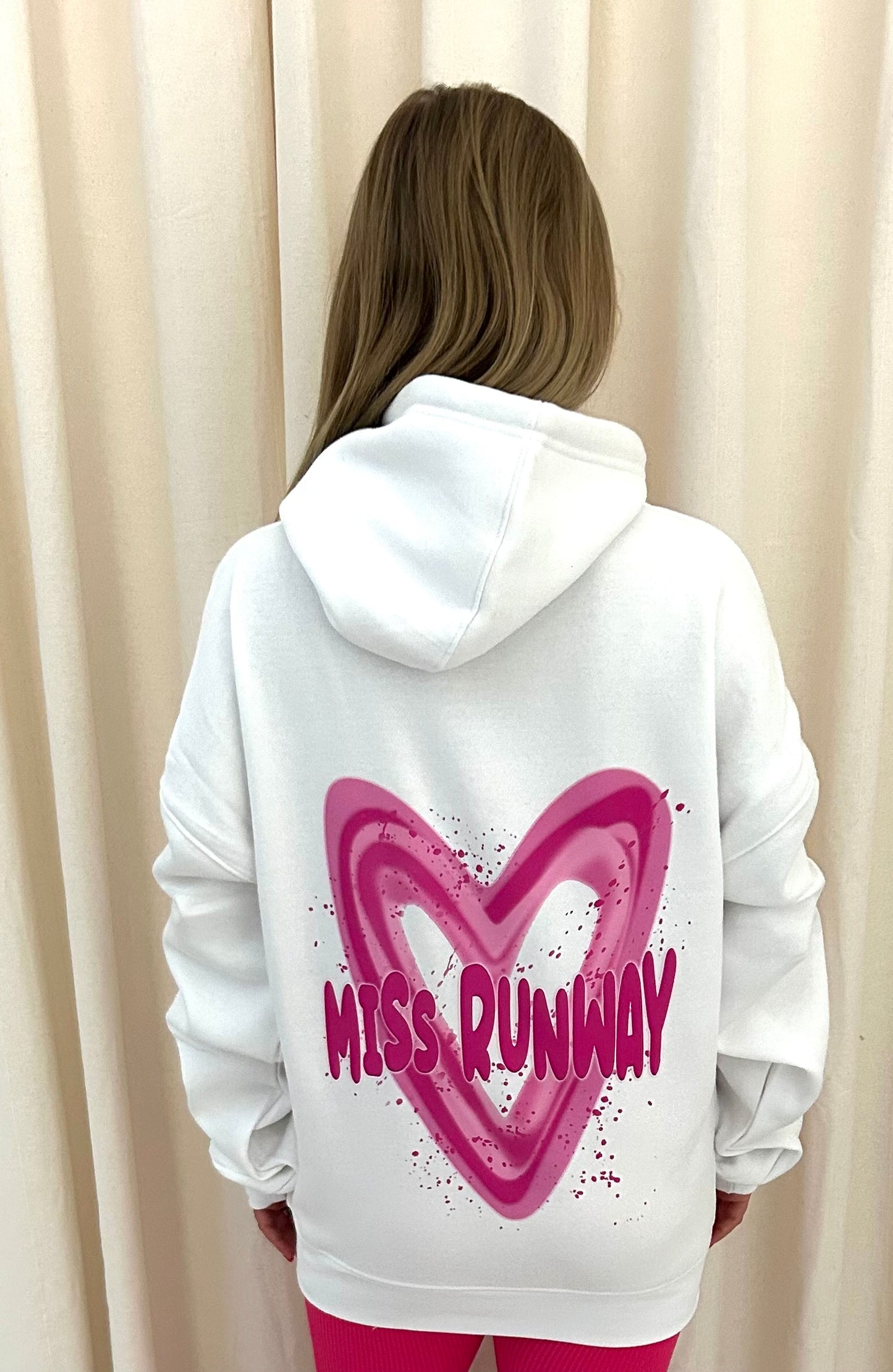 Miss Runway Pink Heart Graffiti Ruched Hoodie White