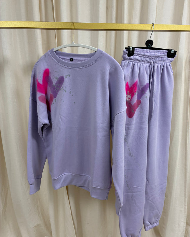 Lilac/Pink Heart Spray Painted Sweatshirt Tracksuit Adult