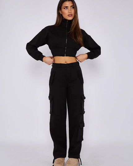 Cropped Zip Up Sweatshirt & Cargo Trouser Tracksuit Black