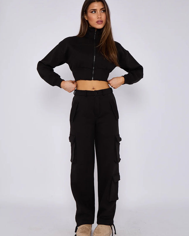 Cropped Zip Up Sweatshirt & Cargo Trouser Tracksuit Black