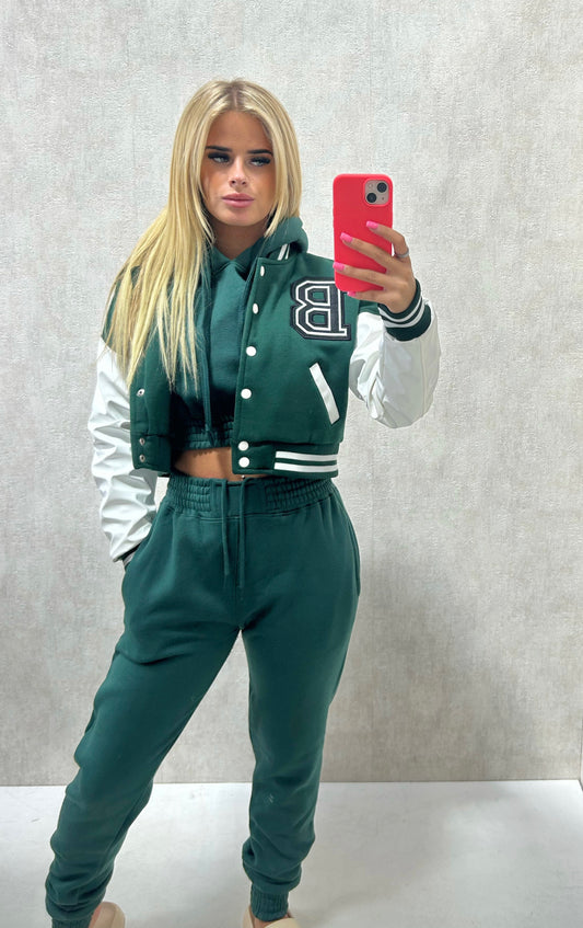 Embroidered Contrast Sleeve Cropped Varsity Jacket Green
