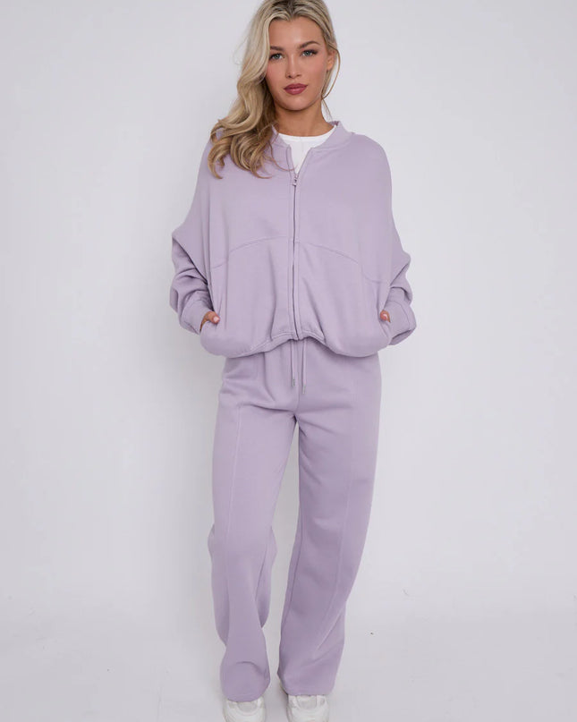 Oversized Bomber Style Fleece Zipper Co-ord Lilac