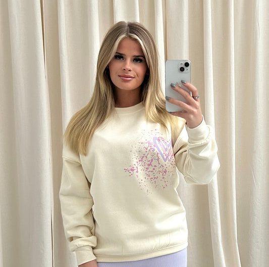 Pastel Leopard Heart Graffiti Sweatshirt Cream