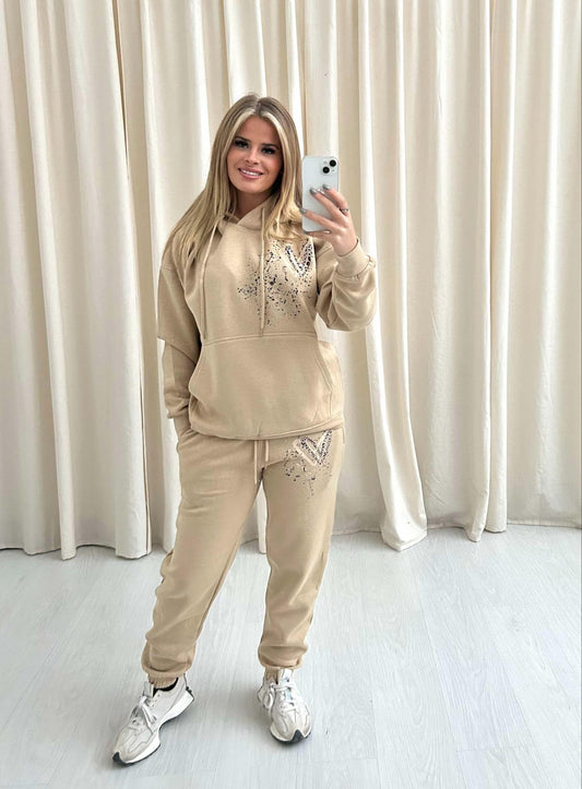 Brown Leopard Print Heart Graffiti Hooded Tracksuit Beige