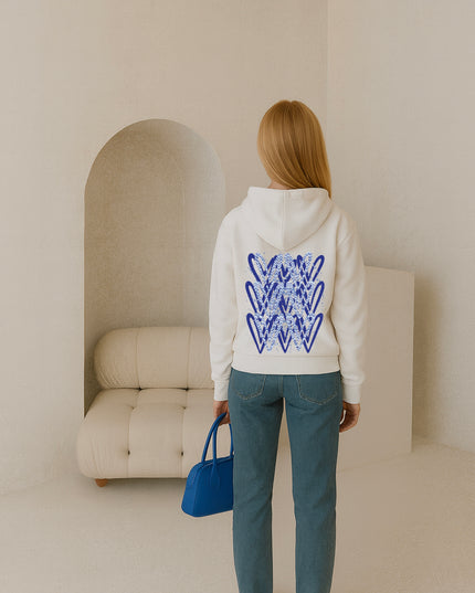 Royal Blue Zig Zag Heart Printed Hoodie