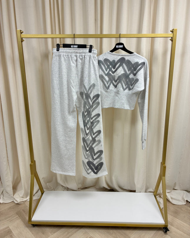 Ash Grey Heart Spray Painted Cropped Tracksuit Adult