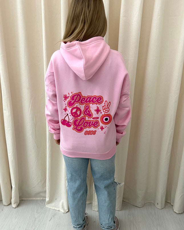 Peace & Love Graffiti Ruched Hoodie Pink