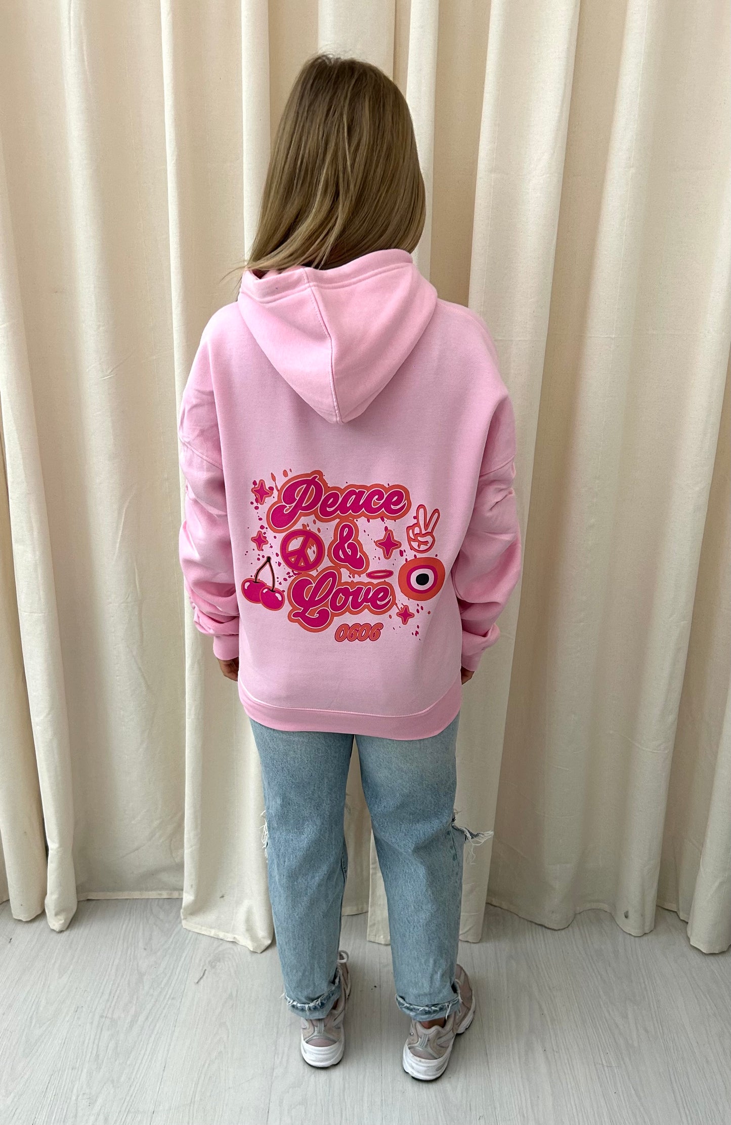 Peace & Love Graffiti Ruched Hoodie Pink