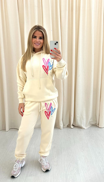 Miss Runway Multicolour Heart Graffiti Hooded Tracksuit cream