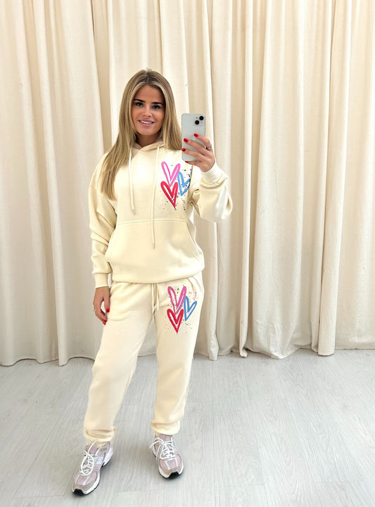 Miss Runway Multicolour Heart Graffiti Hooded Tracksuit cream