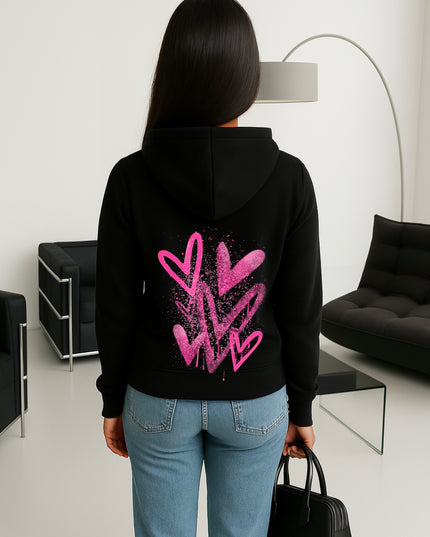 Hot Pink Scatter Hearts Printed Hoodie