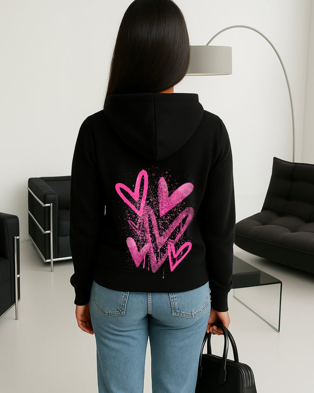 Hot Pink Scatter Hearts Printed Hoodie