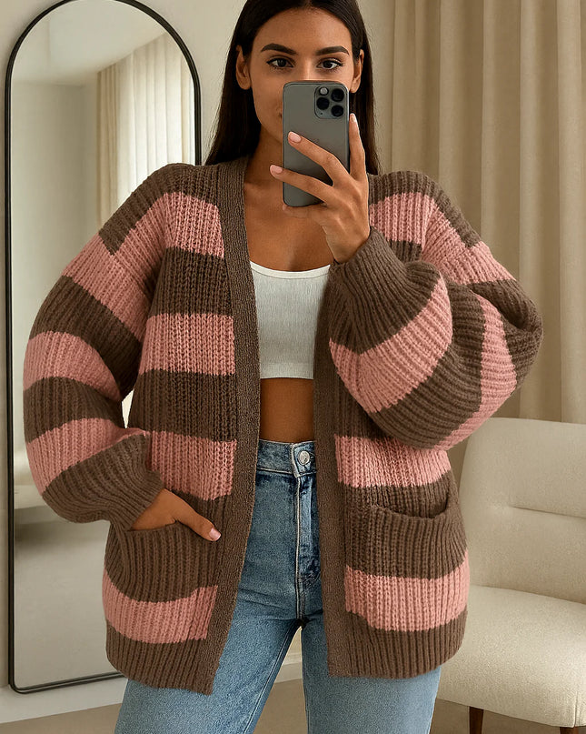 Knitted Striped Cardigan Pink/Mocha