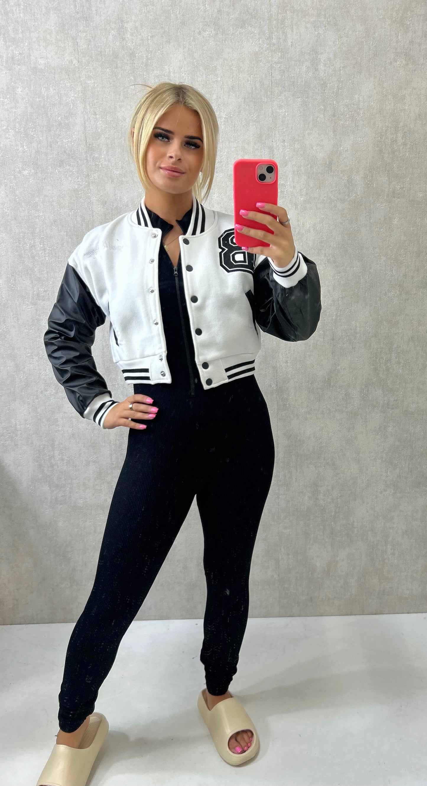 Embroidered Contrast Sleeve Cropped Varsity Jacket White