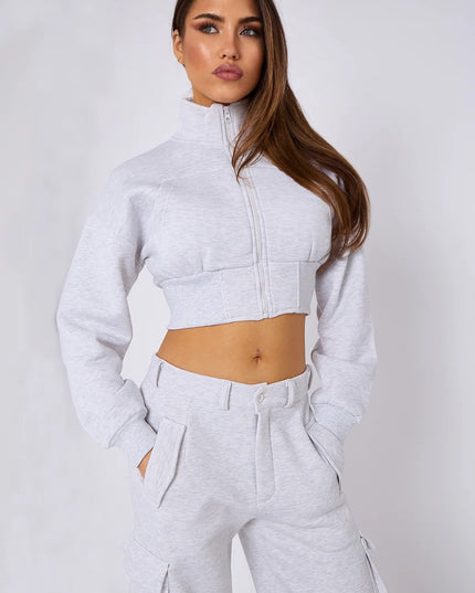 Cropped Zip Up Sweatshirt & Cargo Trouser Tracksuit Ash Grey