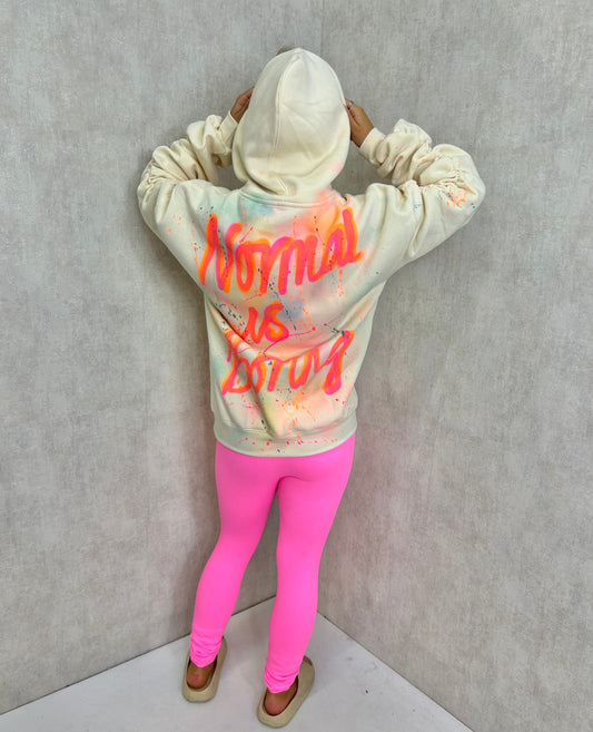 Normal Is Boring Sprayed Ruched Hoodie And Neon Pink Legging Set