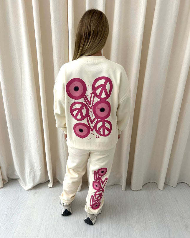 Pink Evil Eye, Peace, Heart Graffiti Sweatshirt Tracksuit Cream