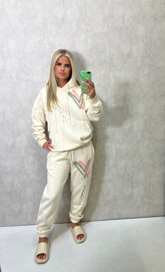 Sage Green/Coral Heart Sprayed  Hooded Tracksuit