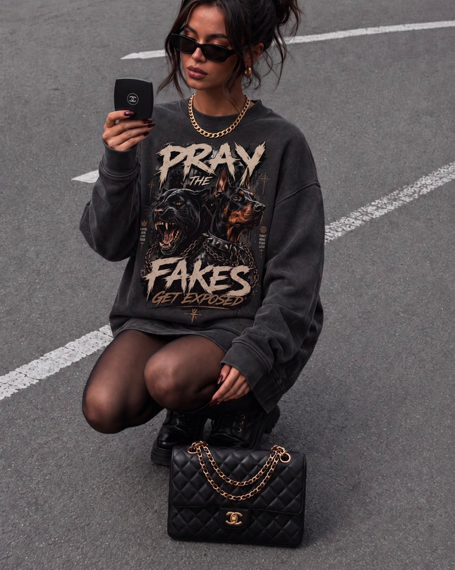 Pray The Fakes Get Exposed Acid Wash Sweatshirt